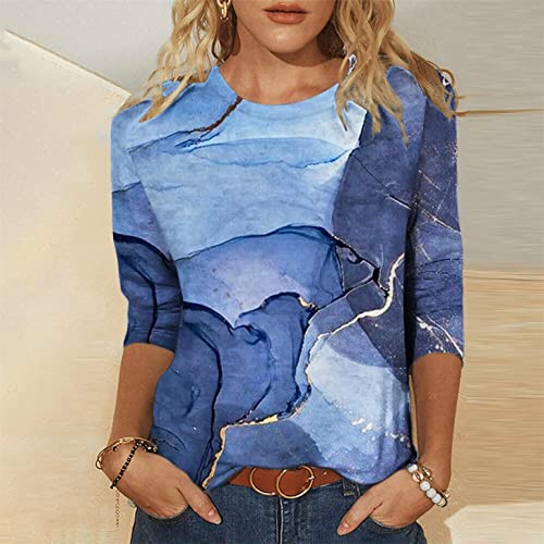 Summer Casual 3/4 Sleeve Shirt For Women Landscape Painting Pattern Top Three Quarter Sleeve Pullover Round Neck Tee #TOP1
