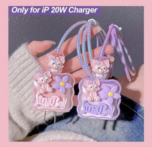 Image of Dezet for iPhone Charger 18-20W Cute Cartoon Charging Cable Protector Set for iPhone Fast Charging USB Cable with Protective Silicone Cover & Organizer Clip Stylish Design (PURPLE LINABELL)