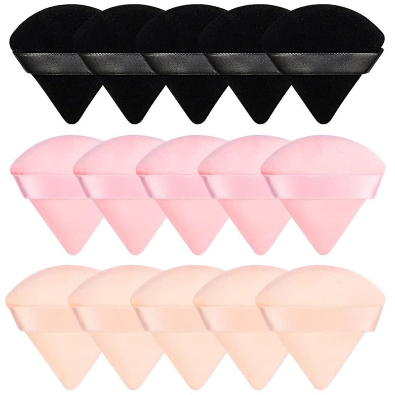 PUKA 15 Pieces Triangle Cosmetic Loose Powder Puffs Washable Reusable Soft Plush Foundation Sponge for Face Body Wet Dry Makeup Tool- Multicolor Pack of 15