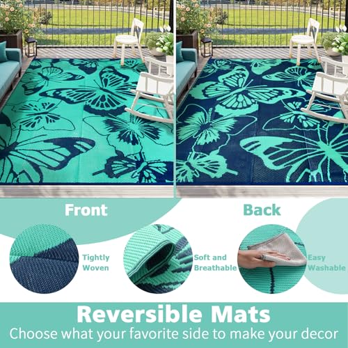 Beeiva Butterfly Outdoor Rug 8x10 Patio Waterproof, 8x10 Reversible Plastic Outdoor Rugs for Patio, Lightweight & Easy Clean Mat for Pool, Balcony, Backyard, Camping, Deck - Teal - Image 4