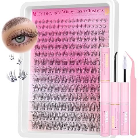 EYDEVRO Natural Lash Clusters Kit Natural Eyelash Clusters with Bottom Lashes Invisible Band Lash Extension Kit 8-16mm Clear Band Eyelash Extension Kit with Waterproof Lash Bond and Seal Lash Tweezers Cover