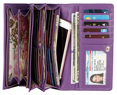 Image of Women's Top Grain Leather Wallet, RFID Blocking Bifold clutch, 17 Card Slots, Zip Pocket Organizer, Elegant Gift for Women - Birthday, Valentine, Anniversary - PURPLE