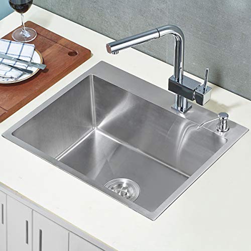 Rovate 21.6-Inch Drop-In Topmount Kitchen Sink, 304 Stainless Steel Single Bowl Handmade Kitchen/Bar Sink #TOP7