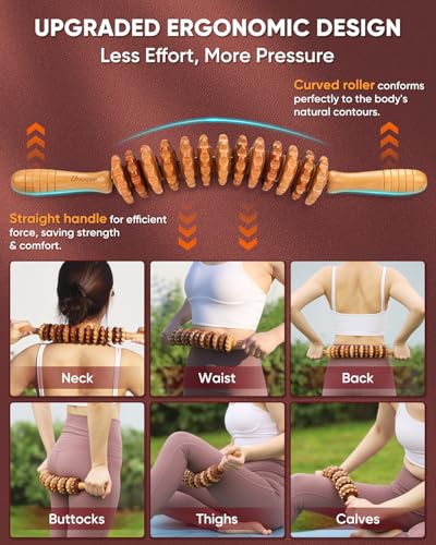 ONUEMP Cellulite Roller for Legs, Wood Therapy Massage Tools Maderoterapia Kit, Muscle Roller Stick Fascia Massager, Lymphatic Drainage & Body Sculpting for Thigh Butt Stomach Waist Back, Curved