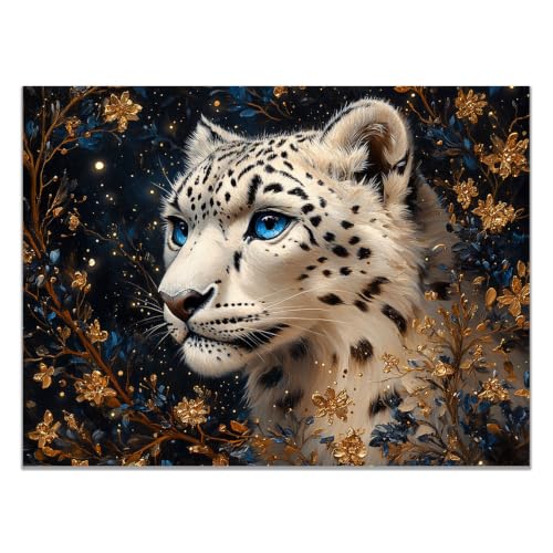 Lienzo Leopardo Ojos Azules 40x60cm - Cuadro Moderno Blanco en Tejido no Tejido
