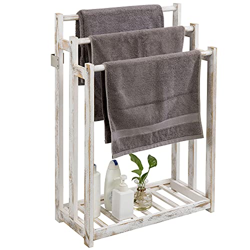 Mygift Shabby Whitewashed Wood Freestanding 3 Bar Towel Rack Holder With Bottom Storage Shelf, Laundry And Bathroom Towel Drying Rack #TOP5