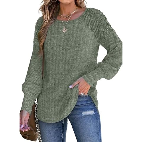 Geifa Womens Sweaters Lightweight Long Sleeve Tunic Tops Crew Neck Fall Clothes Loose Fit Dark Green Cover