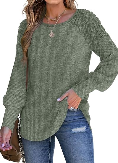 Geifa Womens Sweaters Lightweight Long Sleeve Tunic Tops Crew Neck Fall Clothes Loose Fit Dark Green