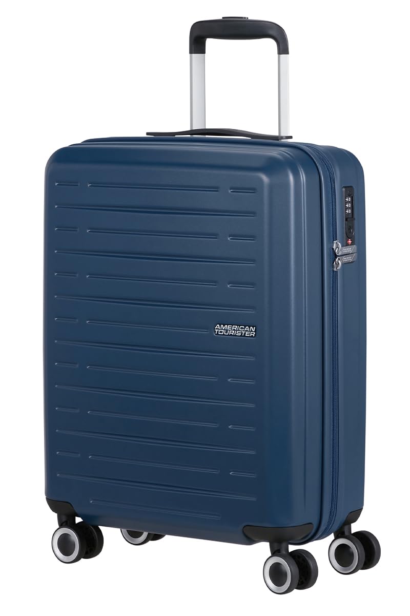 American Tourister Aerojoy Walizka, rozmiar kabinowy 55 cm / 20 cali, 4 kółka, twarda obudowa, ABS, ciemnoniebieska, zamek TSA, wewnętrzna siatka z zamkiem błyskawicznym z przegrodą, krzyżowe paski