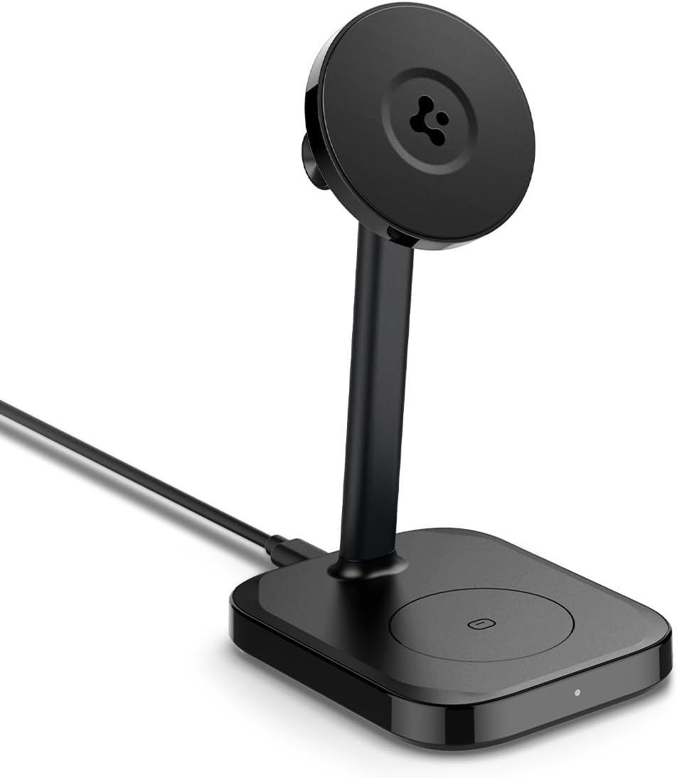 Spigen MagFit 2-in-1 Qi2 15W Caricatore Wireless iPhone con Supporto MagSafe [Cavo USB-C 2 M Incl.] Per iPhone 17/16/15/14 Pro Max 17e, Samsung Galaxy S26, Pixelsnap per Pixel 10 e AirPods/Pixel buds