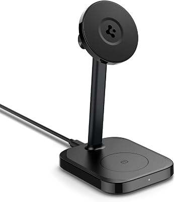 Spigen MagFit 2-in-1 Qi2 15W Caricatore Wireless iPhone con Supporto MagSafe [Cavo USB-C 2 M Incl.] Per iPhone 17/16/15/14 Pro Max 17e, Samsung Galaxy S26, Pixelsnap per Pixel 10 e AirPods/Pixel buds