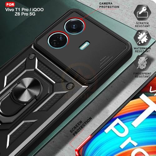 Image of Armor Bumper Back Cover Case for Vivo T1 Pro 5G / iQOO Z6 Pro 5G | Rotating Camera Cover, Ring Holder & Kickstand | Heavy Duty & 360 Degree Protection Back Cover (Black)