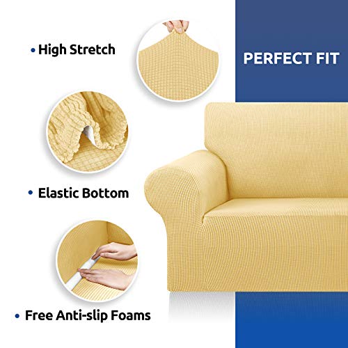KEKUOU Stretch Oversized Sofa Slipcover 1 Piece Couch Sofa Cover (94"-110") Furniture Protector 4 Seater Sofa with Elastic Bottom for Kids,Pet.Jacquard Checked Pattern Fabric(X Large,Champagne)
