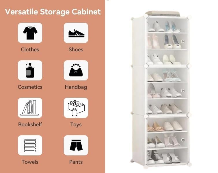 Image of KRISHYAM Portable Shoe Rack Organizer | 9-Tier Plastic Cube Storage Cabinet with 3 Doors | Modular Shoe Tower for Hallway, Bedroom, Closet & Entryway | Holds 18 Pairs | White