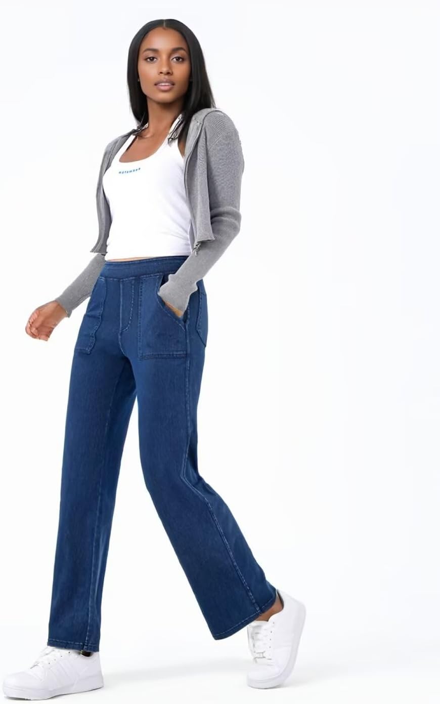Mid Waisted Straight Leg Pull On Jeans for Women Denim Pants with Pockets Stretchy - Image 2