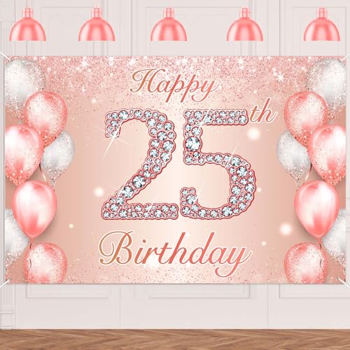 Image of Happy 25th Birthday Rose Gold Banner Cheers to 25 Years Old Backdrop Confetti Balloons Theme Decor for Women 25 Years Old Pink Birthday Party Decorations Bday Supplies Background Favors Gift Glitter