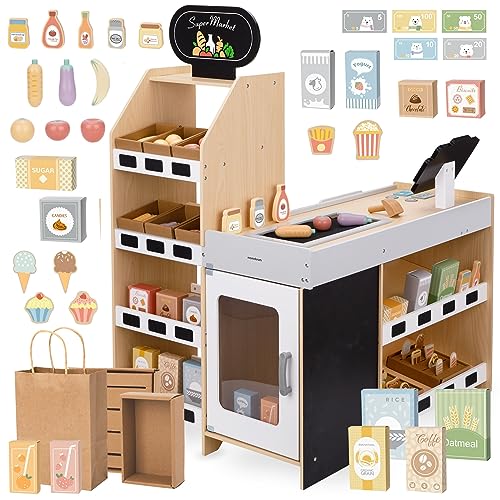mamabrum Holz Kaufladen Marktstand Spielzeug für Kinder mit Zubehör Kreatives Rollenspiel ab 3 Jahren