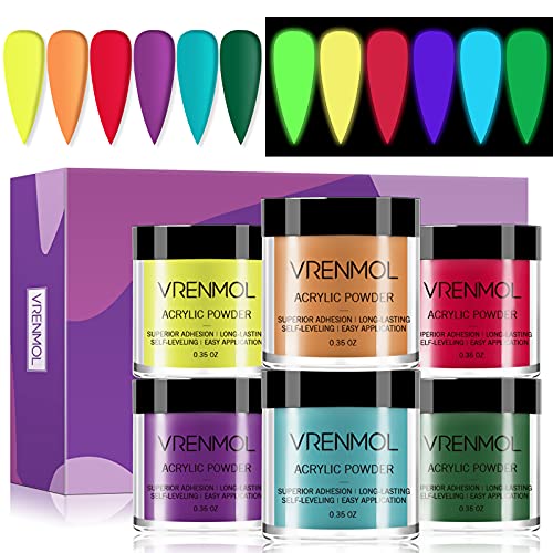 Vrenmol Acrylic Powder Set, Glow in the Dark Acrylic Nail Powder Kit 6 Halloween Neon Colors Professional Polymer Powder for Acrylic Nails Extension DIY Nail Manicure Kit