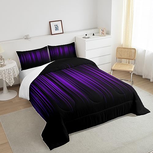 Image of Feelyou Purple and Black Comforter Queen Size for Boys Girls, Abstract Ombre Comforter Set Gradient Lines Bedding Set Purple Black Gradient Duvet Set Microfiber Quilt Set