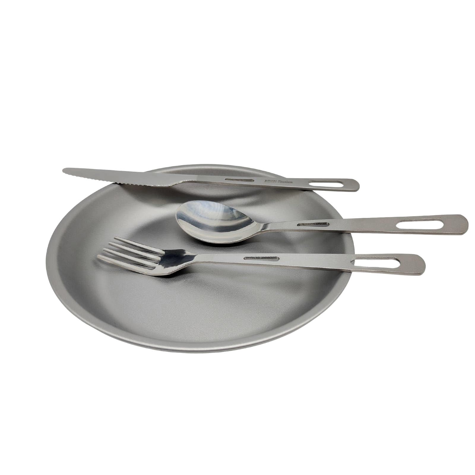 RISON-Titanium Titan Campingbesteck Set, 4 Stück Titan Camping Teller mit Gabel-Löffel-messer Kombi Reisebesteck, Tragbar Ti-Kochgeschirr Platten Servierplatten, Outdoor Besteck für Picknick