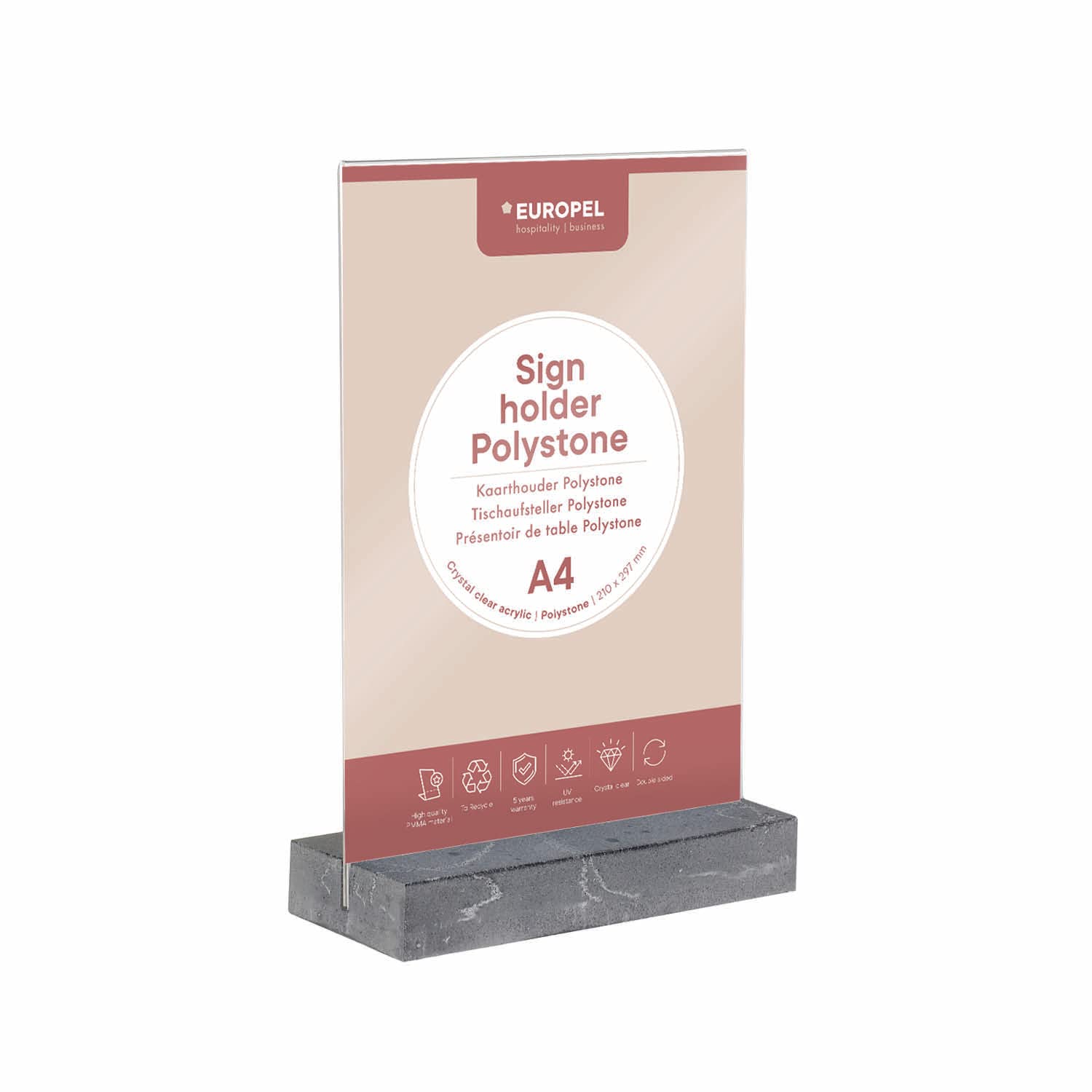 EUROPEL Sign Holder Anthracite Polystone Base Crystal Clear Acrylic A4 T Stand Two Sided Presentation Poster Menu Brochure Restaurant Hotel Conference