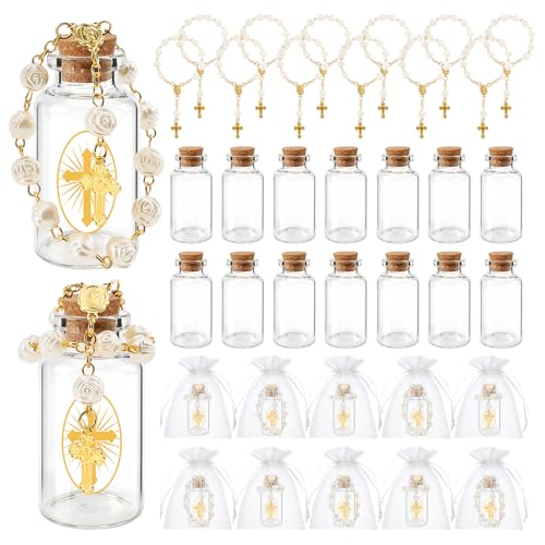 Nlicrst 36 Sets Holy Water Bottle for Baptism Favors Guests with Catholic Holy Water Container Rosary Beads Cross & Organza Bag for Church Christening First Communion Gifts Jerusalem Wedding (20 ml)