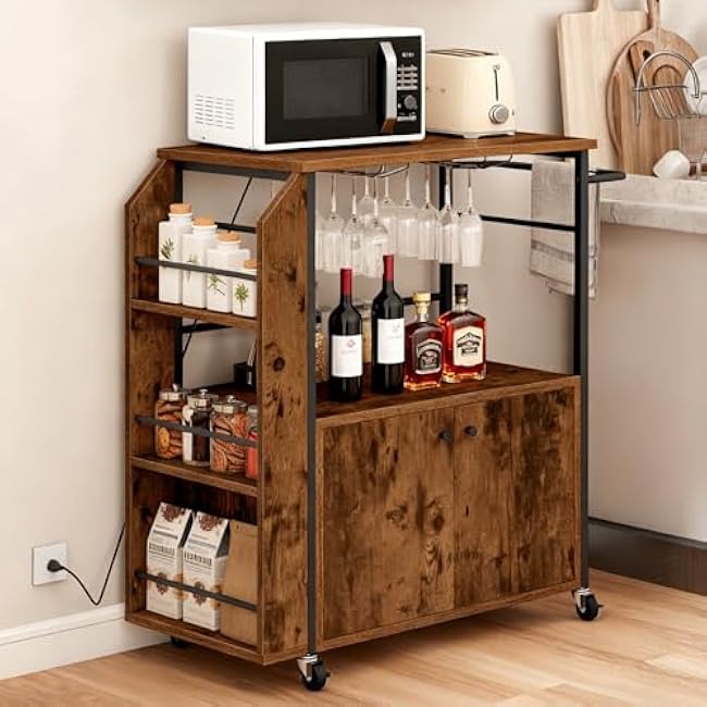 YITAHOME Kitchen Island Cart with Power Outlet, 36 Inch Mobile Kitchen Cart with Open Shelves, Rolling Portable Serving Utility Carts on Wheels with Storage for Kitchen, Dining Room, Brown-TBuB7fjo