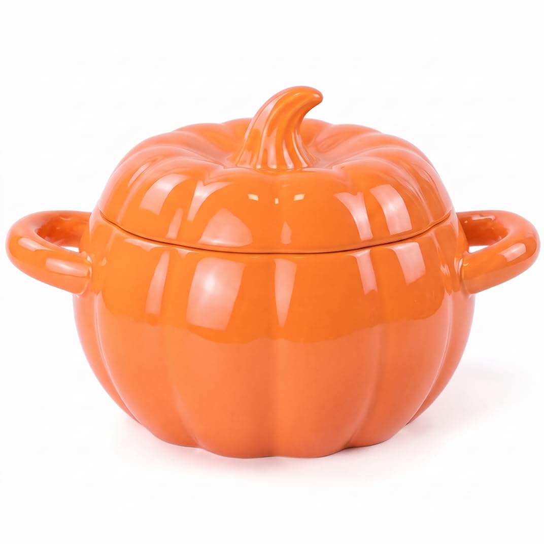 Dutch Ovens, Keramikschüssel mit Deckel, kürbisförmige Suppenschüssel mit Griffen zum Brotbacken, Schmoren, Suppenkochen, Orange