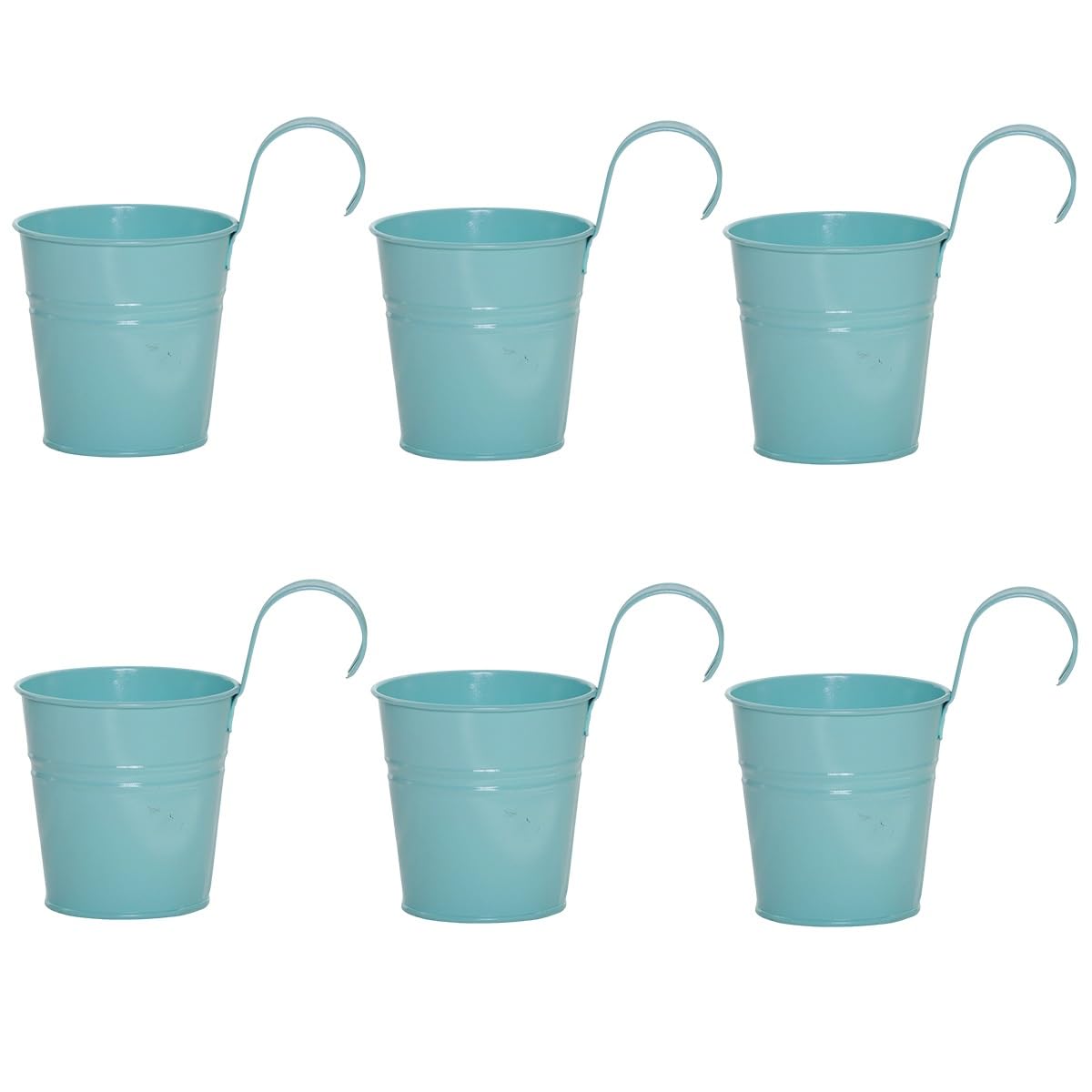 Meklitrz Blue 6Pcs Vintage Hanging Flower Pots Metal Iron Bucket Planter Plant Pots With Detachable Hook For Fence Balcony Garden Wall Home Decor Outdoor Patio, With Drainage Hole(Blue)