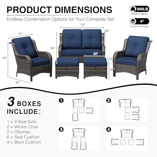 Image of Joyside 5 Piece Wicker Patio Furniture Set, Rattan Patio Chairs with High Back, Deep Seating, Wide Armrest, Thickened Cushions, Outdoor Furniture for Deck, Porch Use