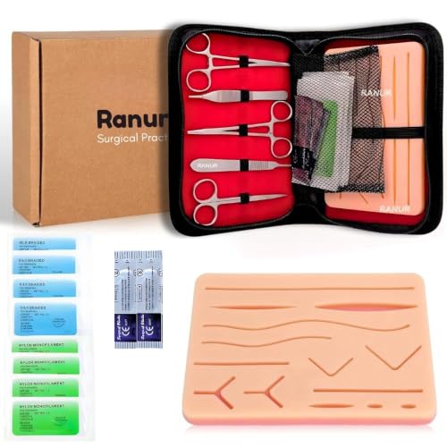 Image of RANUR Suture Practice Kit - 17 Piece Precision Suture kit for medical Students with Large Suturing Pad, Pre-Cut Wounds, Instruments & Carry Case