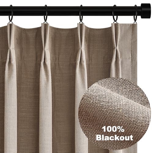 Image of Topfinel Taupe Burlap Linen Blackout Curtains & Drapes 84 Inch Length 2 Panels Set, Pinch Pleated Flax Linen Brown Tan Beige Soundproof Cabin Curtains with Hooks Rings for Bedroom Living Room