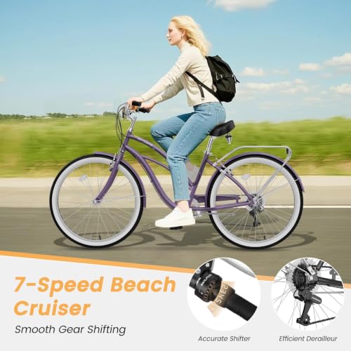 Image of Beach Cruiser Bike for Women and Men, 24 /26 Inch 7-Speed Adult Bicycle | Step-Through or High-Bar Frame, Rear Rack, Full Fenders, Kickstand, Adjustable Comfort Seat, 350 lb Capacity, Classic Cruiser