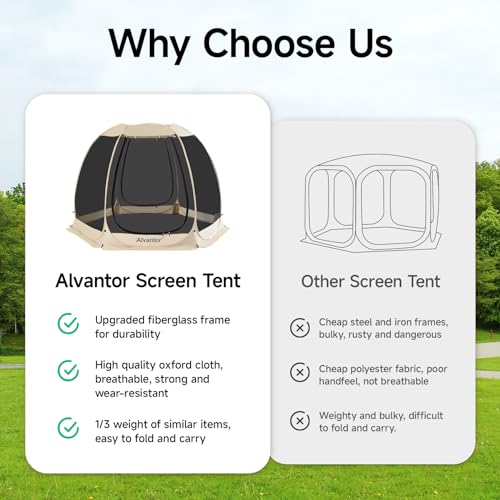 Alvantor Campingzelt Screen House, Überdachung für den Außenbereich, sechseckiges Pop-up Sonnenschutzzelt mit Wänden aus Netzgewebe, Nicht wasserdicht, ca. 3 x 3 m, beige – Bild 3