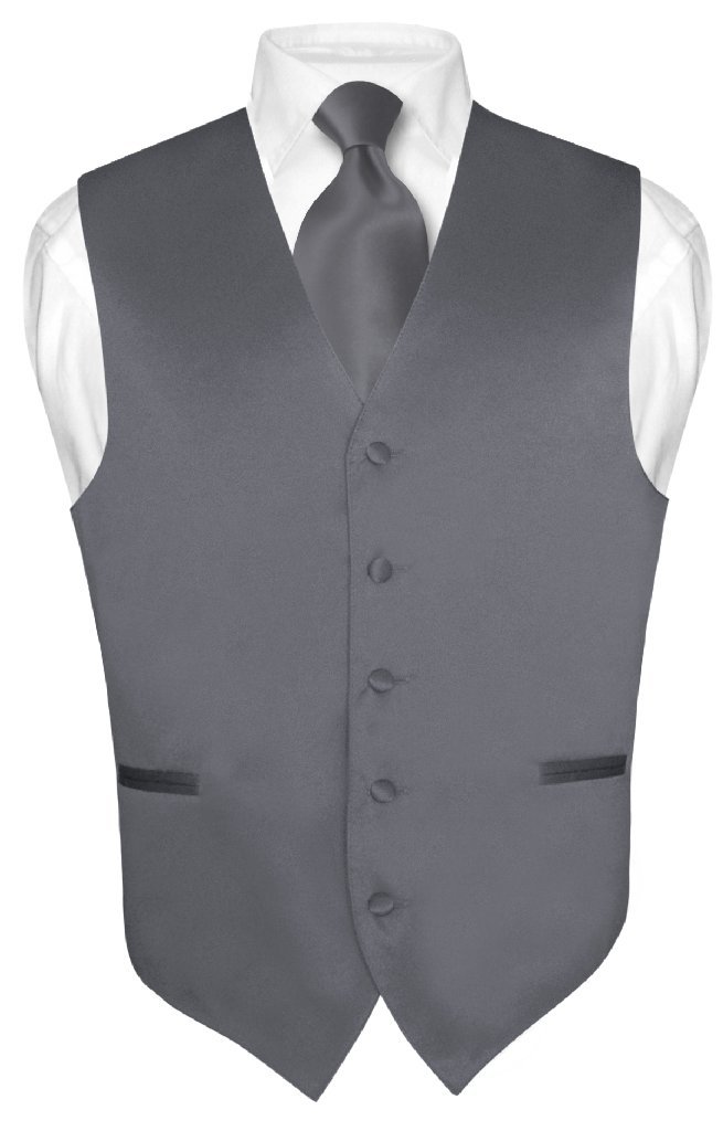 Men's Dress Vest & NeckTie Solid CHARCOAL GREY Color Neck Tie Set for Suit Tux