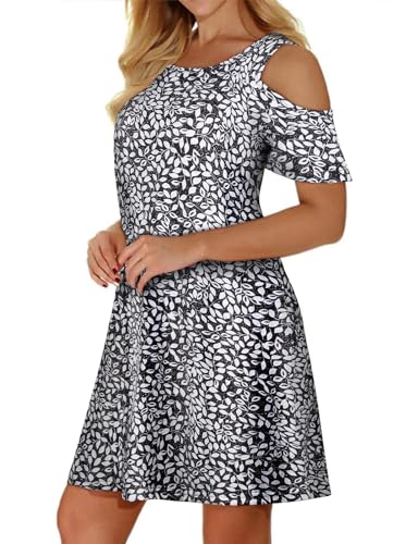 Image of Misyula Style Womens Summer Cold Shoulder Floral Flowy T-Shirt Dress with Pockets