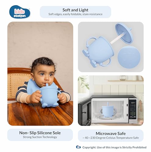 Image of Kids Station 8-Piece Silicone Baby Feeding Set | Suction Bowl, Plate, Bib, Cup, Spoon & Fork | 100% Food Grade BPA-Free Silicone | Non-Slip, Easy to Clean (Pack of 8, Blue)