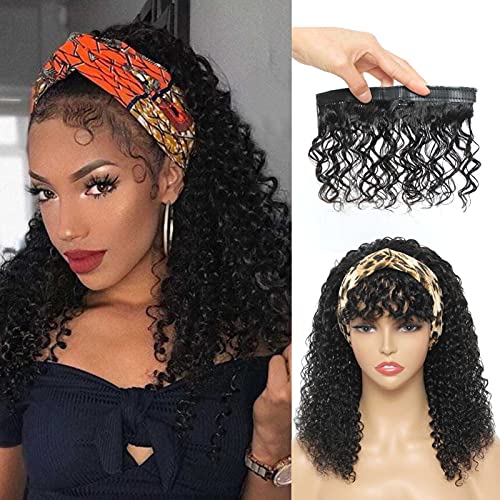 Headband Wig, Curly Headband Wigs for Black Women, Headband Wig Human Hair with Removable Bangs, Glueless Brazilian Human Hair Machine Made 2 Hair Styles Natural Balck 16 Inch