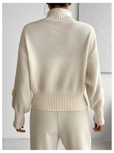 Image of MakeMeChic Women's 3D Flower Mock Neck Sweater Lantern Sleeve Drop Shoulder Pullover Top Apricot Medium