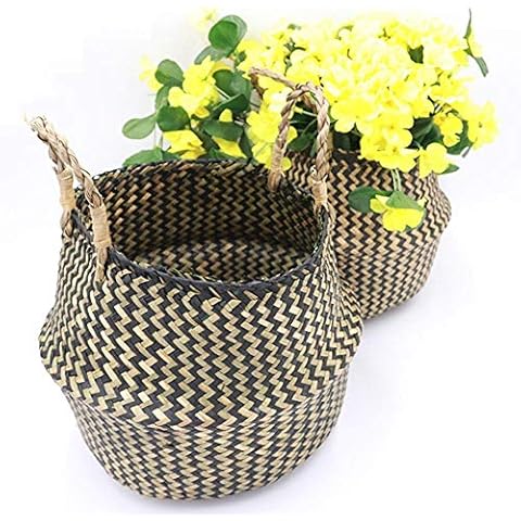 YSGLIFE Creative Folding Handmade Woven Rattan Seagrass Tote Belly Basket, Plant Pots Cover Indoor Decorative, Also For Storage, Laundry, Picnic and Garden Flower Vase 1Pcs Cover