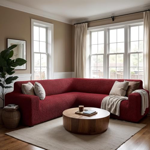 Image of Bellissima Sofa Covers - Premium Luxury Microfibra Plain Stretchable Sofa Cover Fully Covered Slipcover, Imported from Italy (Bordeaux, Corner-UN)