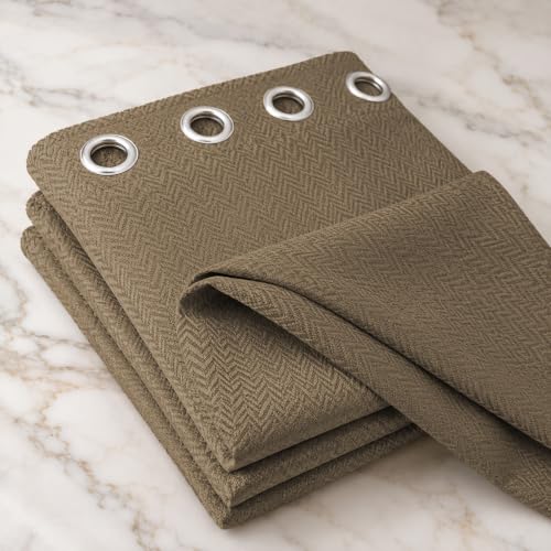 Image of LINENWALAS 100% Blackout Curtains for Window (5 Feet) - Set of 2 Panels, Herringbone Linen Texture Complete Light Block, Thermal Insulated & Noise Reducing Room Darkening Drapes (Coffee Brown)
