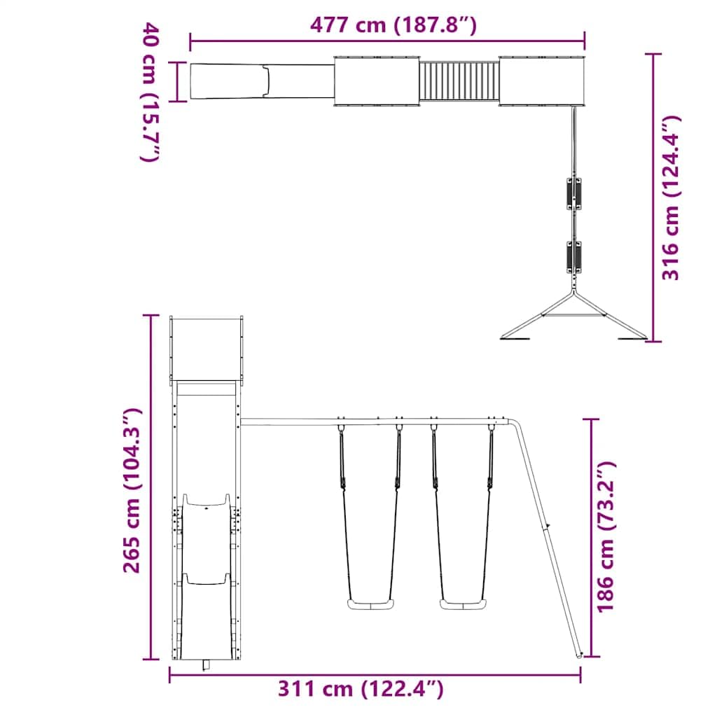 Wieża do zabawy z litego drewna sosnowego ze zjeżdżalnią falistą i podwójną huśtawką, wysokość platformy 118 cm, zabawka ogrodowa z piaskownicą i rusztowaniem do wspinaczki