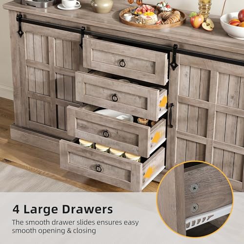 DWVO 59" Kitchen Storage Cabinet, Sideboard Buffet Cabinet with Storage, Sliding Barn Doors and 4 Drawers for Living Room/Kitchen, Wash Grey