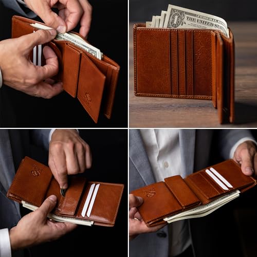 Image of Time Resistance Leather Men's Wallet - Minimalist Wallet Design with Credit Card Holder, Magnetic Coin Holder, and Cash Slots (Cognac Brown)