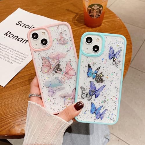 Image of VONZEE for iPhone 13 Clear Glitter Butterfly Case, Cute Bling Sparkle Shiny Soft TPU Bumper Shockproof Women Girls Slim Protective Phone Cover for iPhone 13 6.1 inch,Pink