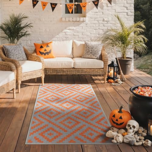Image of GENIMO Fall Decor Outdoor Rug 3'x5' for Porch, Plastic Door Mat Orange Grey