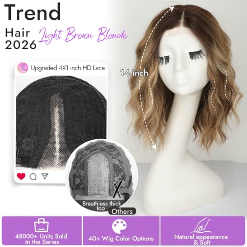 Image of Eawwii Wigs for Women Light Brown Blonde,Short Wavy Synthetic Lace Wig