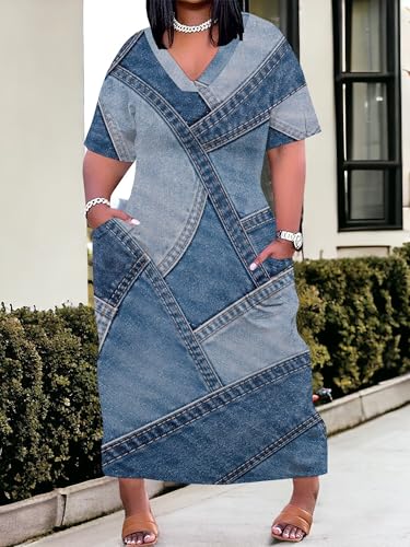 Image of SUZONANA Plus Size Denim Print Maxi Dresses for Women Casual V Neck Short Sleeve with Pockets Soft Jean Look Dress XL-6XL