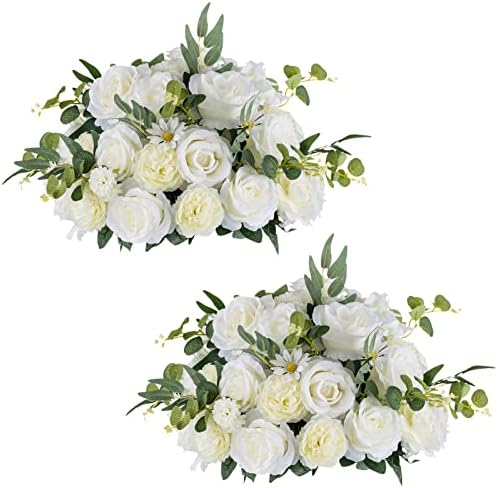 NUPTIO Flower Ball for Wedding Centrepieces - 2 Pcs 45cm Diameter Artificial Flower Balls Arrangement Bouquet Party Centrepieces for Tables - Large White Silk Rose Bouquets Centerpiece for Weddings